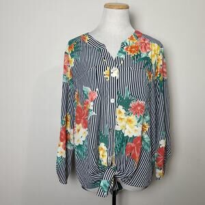 Ruby Road Womens Striped Floral Blouse Size Large 3/4 Roll Tab Sleeve‎ Tie Front